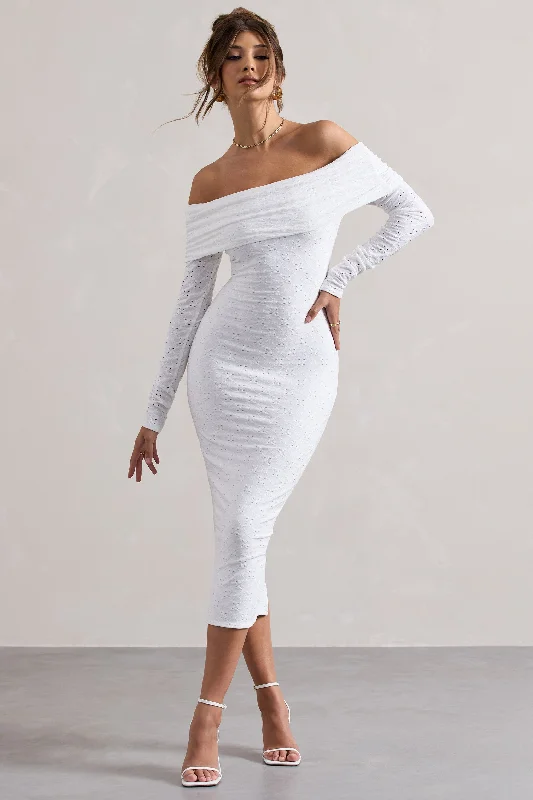 Shift Women Dress with a Simple and Classic Design for Everyday WearEmmeline | White Jacquard Bardot Midi Dress