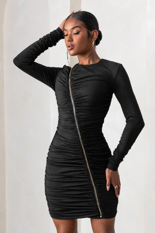 Halter Neck Women Dress to Show Off the Shoulders and NecklineEmpowered | Black High Neck Long Sleeves Zip Detail Mini Dress