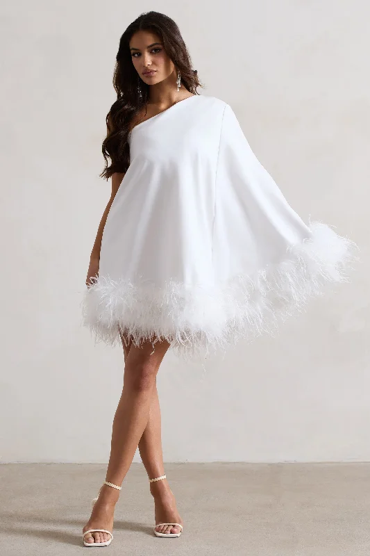 Pleated Women Dress with a Timeless and Elegant TextureEpiphany | White One Shoulder Cape Sleeve Mini Dress With Feathers