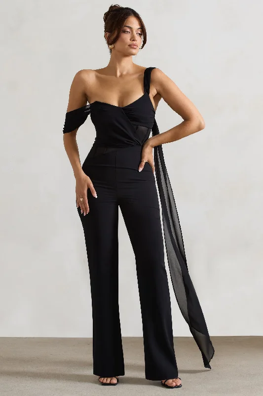 Cotton women jumpsuits for a comfortable and natural - feeling everyday optionFatale | Black Draped-Sleeve Corseted Jumpsuit With Sash