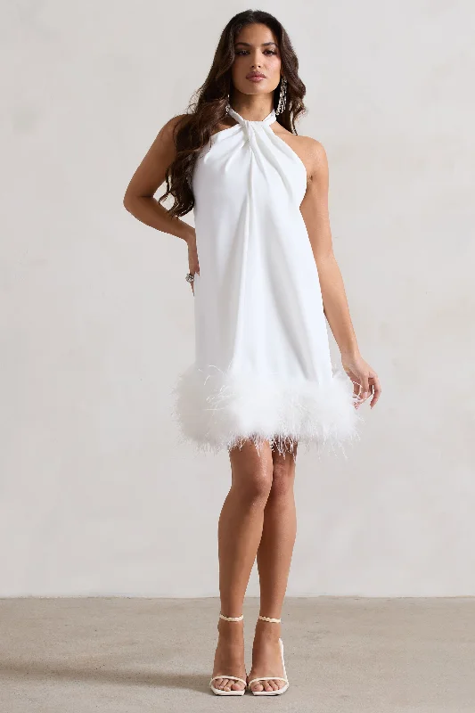 Backless Women Dress for a Sexy and Alluring Look at Evening EventsFemme | White Halter-Neck Smock Mini Dress With Feather Hem