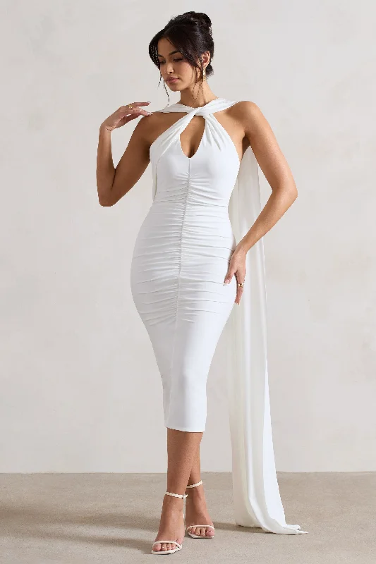 Mermaid - Style Women Dress with a Fitted Silhouette for Special OccasionsFreedom | White Strappy Asymmetric Cut-Out Midi Dress With Cape