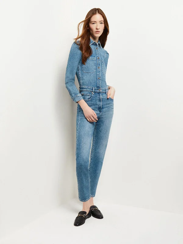 Sheer women jumpsuits with lace panels for a romantic and sexy styleFreja Denim Jumpsuit, Aged Mid