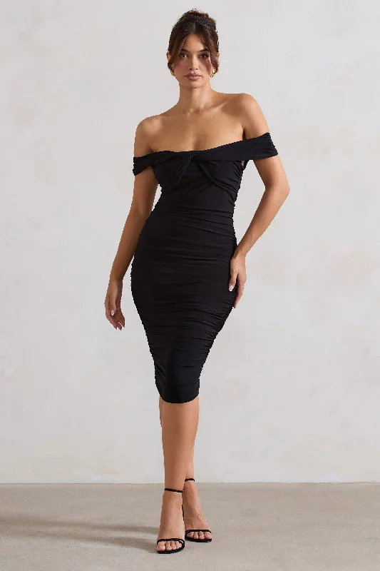 Mini Women Dress with a Short Hem for a Young and Trendy StyleGratitude | Black Velvet Off The Shoulder Ruched Midi Dress