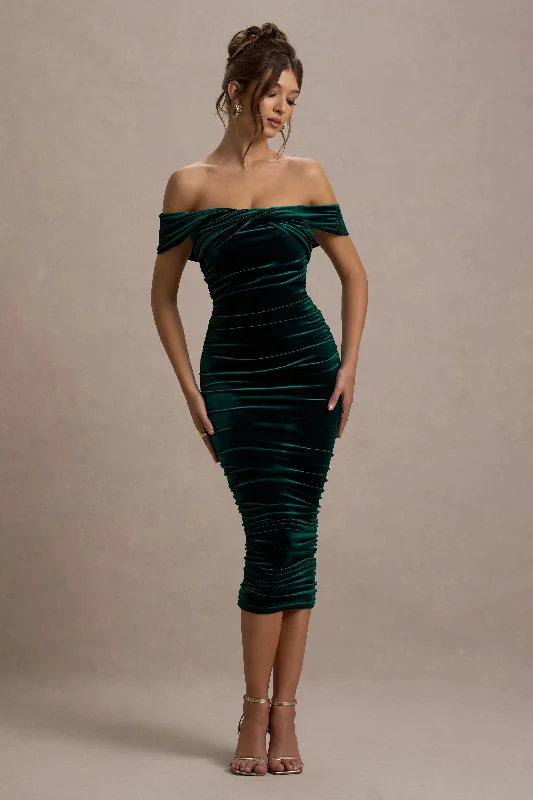 Little Black Women Dress with Sequins for a Glamorous Night OutGratitude | Bottle Green Velvet Off The Shoulder Ruched Midi Dress