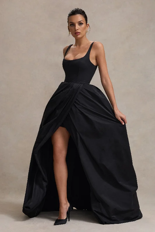 Strapless Women Dress with a Built - in Bra for Comfort and SupportInfinite | Black Strappy Maxi Dress With Volume High-Low Skirt