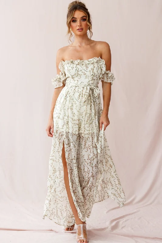 Women jumpsuits with a keyhole back for a unique detailJazz Bardot Neckline Wide Leg Split Jumpsuit Floral Print White