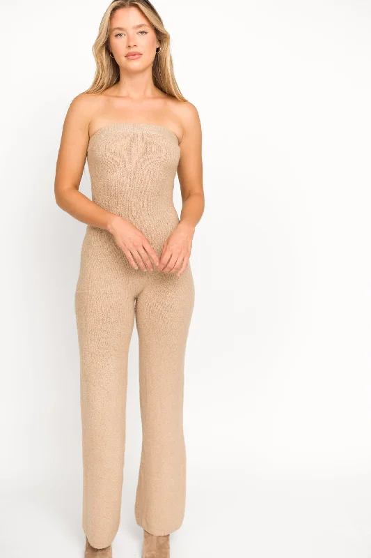 Cotton women jumpsuits for a comfortable and natural - feeling everyday optionJames Strapless Jumpsuit in Tan