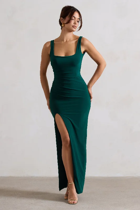 Pleated Women Dress with a Timeless and Elegant TextureKate | Bottle Green Square Neck Maxi Dress with Plunge Back and Side Thigh Split