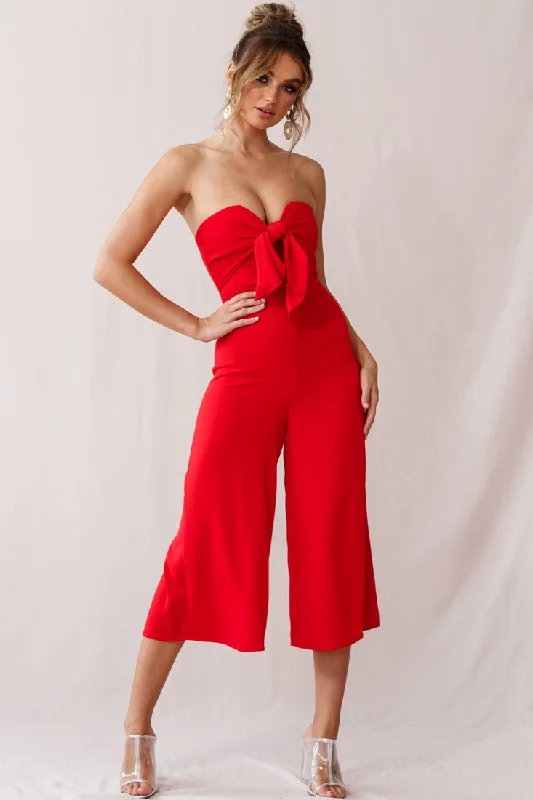 Women jumpsuits with pom - pom trims for a playful and festive lookKhloe Summer Bow Tie Jumpsuit Red