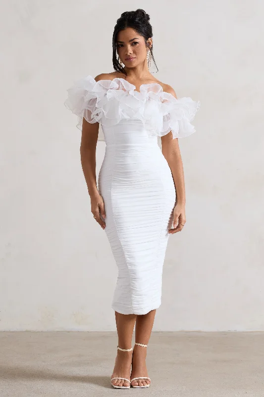 Wrap - Style Women Dress with Adjustable Fit for All Body TypesLadylike | White Ruched Bardot Midi Dress With Organza Trim