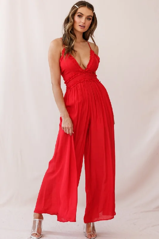 Women jumpsuits with tiered pants for added volume and styleLaney Wide Leg Ruffle Detail Jumpsuit Red