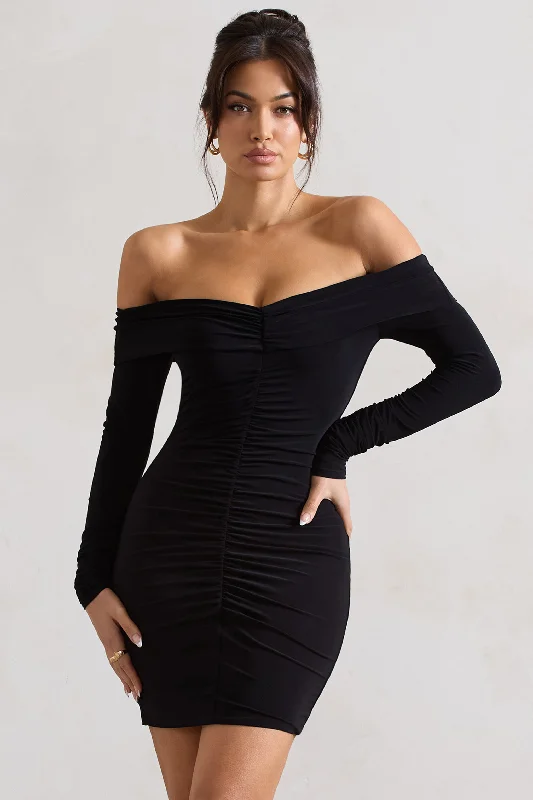 Pleated Women Dress with a Timeless and Elegant TextureLeola | Black Ruched Bodycon Bardot Long Sleeve Mini Dress