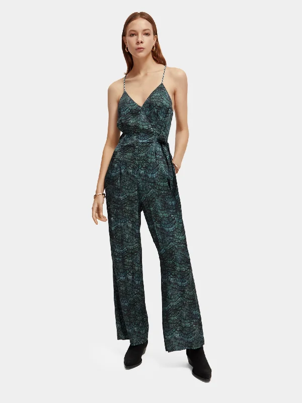 Floral print women jumpsuits for spring garden partiesLightweight v-neck racerback jumpsuit