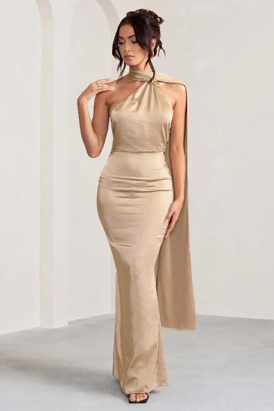 Ruffled Women Dress with Multiple Layers for a Playful and Girly StyleMademoiselle | Champagne Satin Asymmetric Scarf Neck Backless Maxi Dress