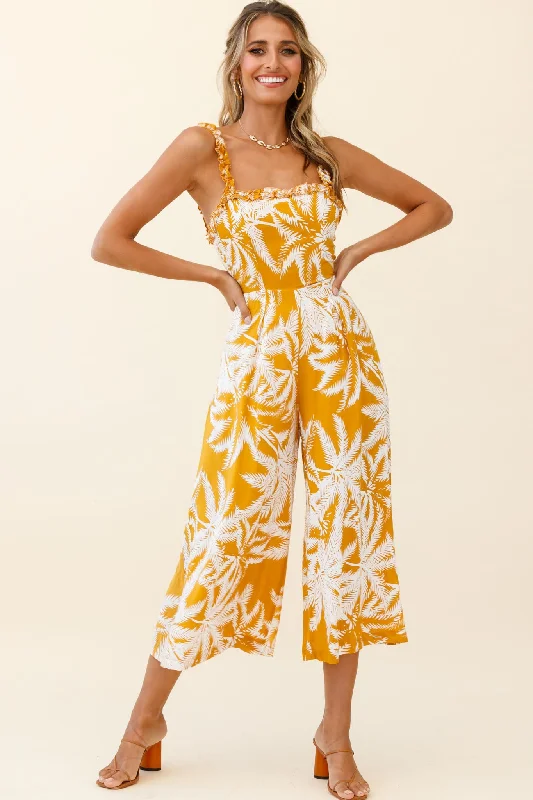 Polyester women jumpsuits for easy - care and durable everyday wearMagdalene Frill Strap Midi Jumpsuit Palm Print Yellow