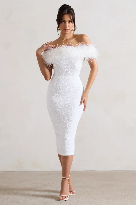 Off - the - Shoulder Women Dress for a Romantic and Feminine LookMaiden | White Lace Bardot Midi Dress With Feather Trim