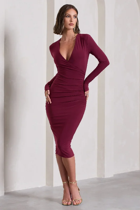 Lace - Embellished Women Dress for an Elegant and Sophisticated AppearanceMarcia | Burgundy Bodycon Plunge-Neck Midi Dress