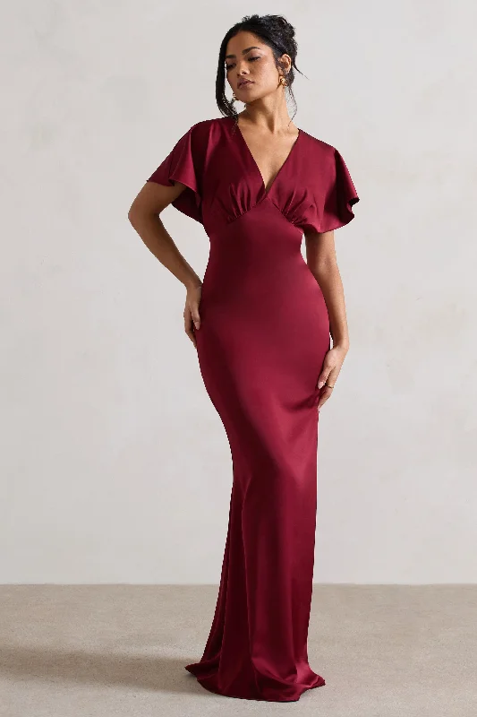 Halter Neck Women Dress to Show Off the Shoulders and NecklineMarisa | Berry Satin V-Neck Flutter-Sleeve Maxi Dress