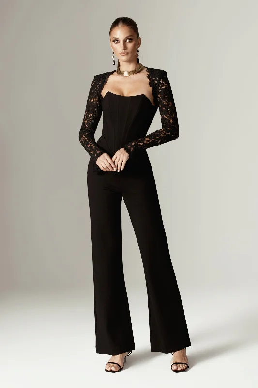 Women jumpsuits with a ruched bodice for a more feminine and form - fitting appearanceMarisol Guipure Lace Corset Jumpsuit (Black)