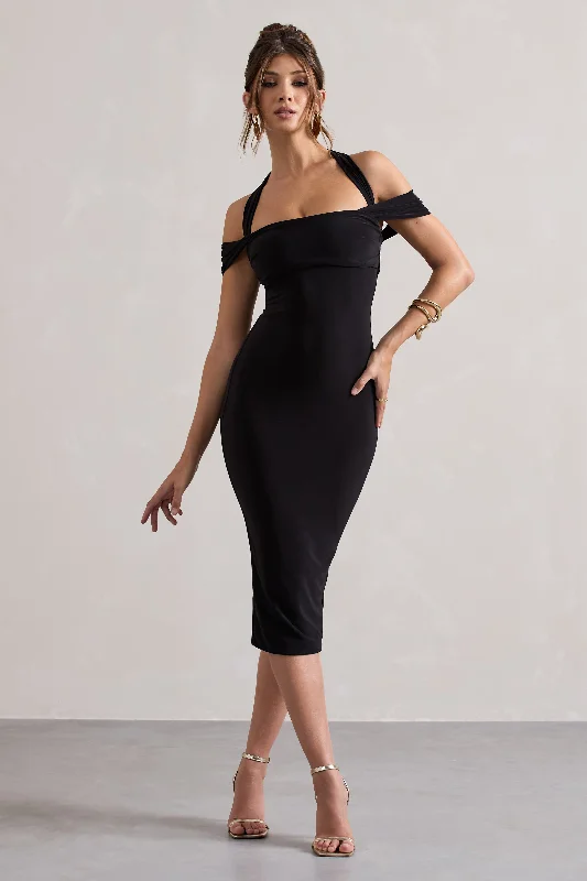 Ruffled Women Dress with Multiple Layers for a Playful and Girly StyleMarla | Black Halter-Neck Draped-Sleeve Midi Dress