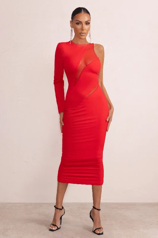 Off - the - Shoulder Women Dress for a Romantic and Feminine LookMarya | Red High Neck Asymmetric Mesh Detail Bodycon Midi Dress