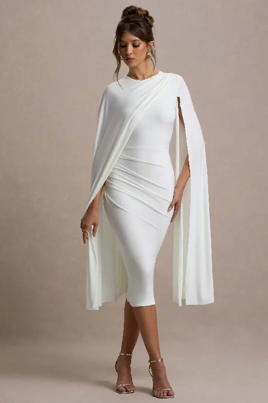 Ruffled Women Dress with Multiple Layers for a Playful and Girly StyleMarysol | White Asymmetric Cape Midi Dress