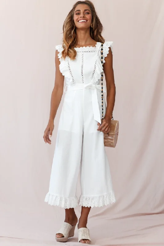 Linen women jumpsuits for a breathable and relaxed summer lookMeadow Ruffle Strap Open Back Midi Jumpsuit White