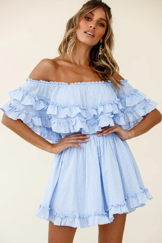 Pleated Women Dress with a Timeless and Elegant TextureMeet Me At Sunset Bardot Neckline Frill Trim Dress Spotty Steel Blue