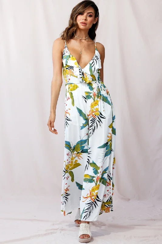 Women jumpsuits with embroidered accents for a personalized and unique touchMelita Ruffle V-Neckline Jumpsuit Tropical Print White