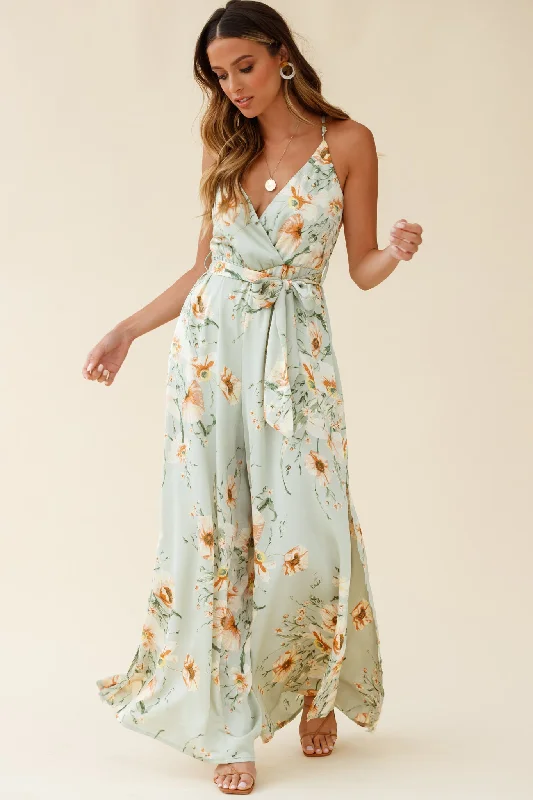 Women jumpsuits with a V - neck for a flattering and elongating effectMiso Wide-Leg Cami Jumpsuit Poppy Print Pistachio