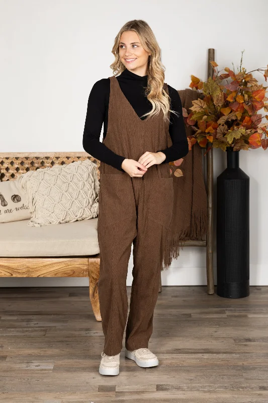 Women jumpsuits with pleated pants for a classic and sophisticated lookMocha Corduroy Jumpsuit With Pockets