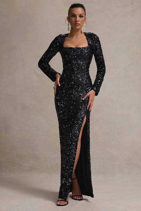 Off - the - Shoulder Women Dress for a Romantic and Feminine LookMy Dream | Black Sequin Square-Neck Long-Sleeve Maxi Dress