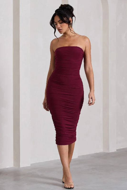 Backless Women Dress for a Sexy and Alluring Look at Evening EventsMy Girl | Burgundy Bandeau Bodycon Ruched Mesh Midi Dress