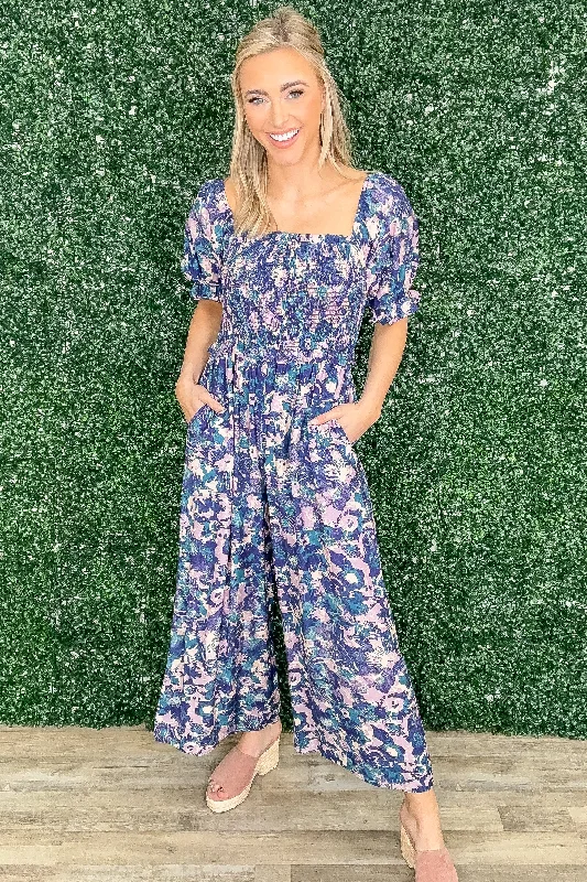 Women jumpsuits with cold - shoulder sleeves for a trendy styleNavy With Print Smocked Body Jumpsuit