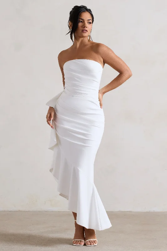 Off - the - Shoulder Women Dress for a Romantic and Feminine LookNew Age | White Strapless Asymmetric Ruffled Maxi Dress