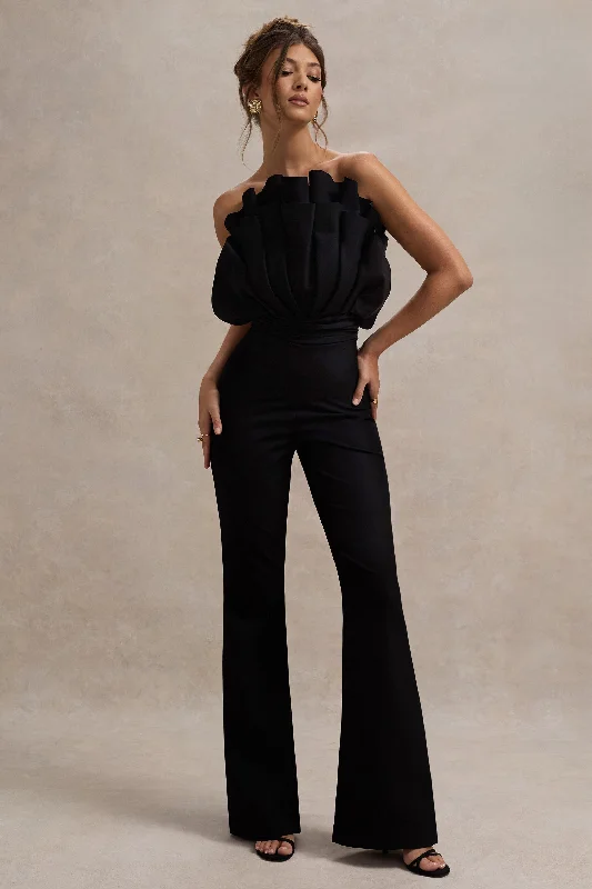 Women jumpsuits with an empire waist for a figure - enhancing lookNicia | Black Ruffled Strapless Flared-Leg Jumpsuit