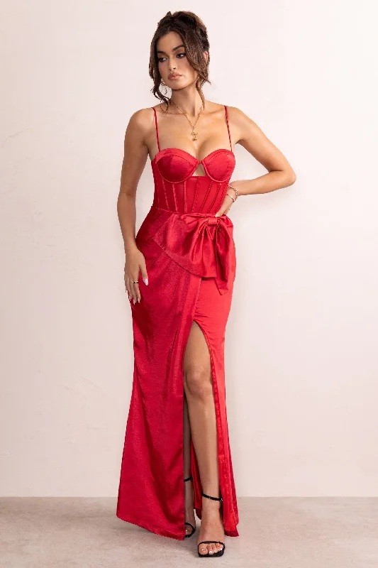 Long - Sleeve Women Dress in Velvet for a Luxurious Winter LookOdette | Red Satin Sweetheart Corset Bow Detail Maxi Dress