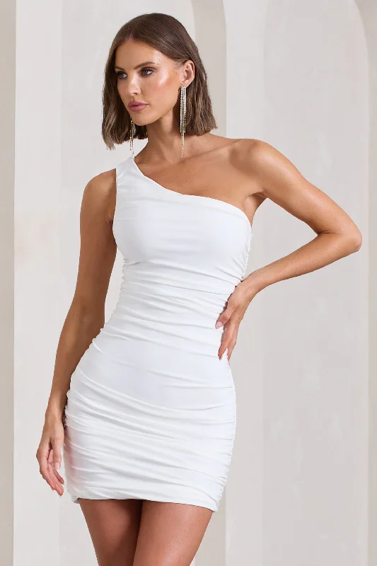 Ruffled Women Dress with Multiple Layers for a Playful and Girly StyleOnyx | White Ruched One Shoulder Mini Dress