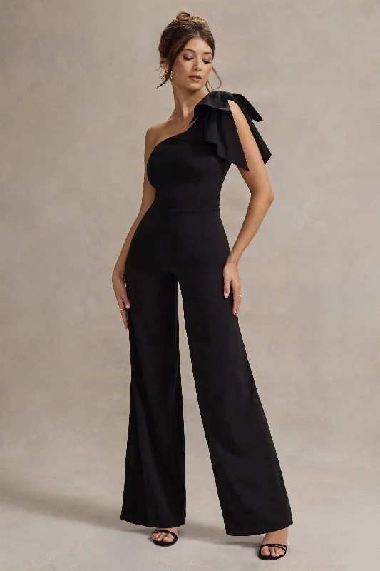 Women jumpsuits with fringe accents for a bohemian and fun - loving styleOrilla | Black One-Shoulder Wide-Leg Jumpsuit With Bow