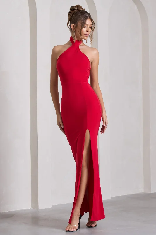 Off - the - Shoulder Women Dress for a Romantic and Feminine LookPamela | Red Halter-Neck Sleeveless Split Maxi Dress