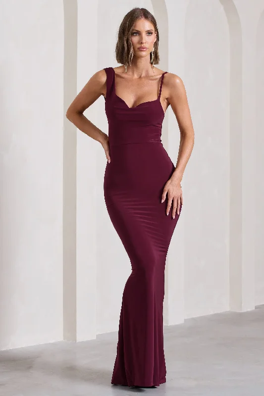 Long - Sleeve Women Dress in Velvet for a Luxurious Winter LookPhantasy | Burgundy Asymmetric Neckline Cowl Maxi Dress