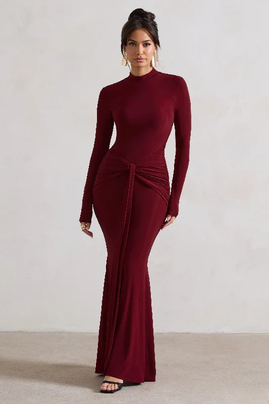 Sleeveless Women Dress in Bright Colors for Summer PartiesPietra | Berry High-Neck Long Sleeve Knot Maxi Dress