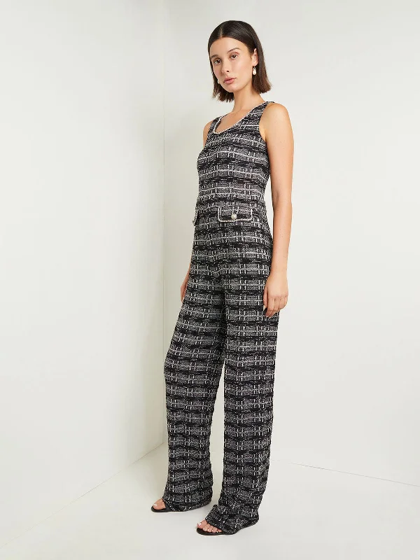 Floral print women jumpsuits for spring garden partiesRhinestone Accent Tweed Knit Jumpsuit