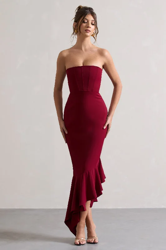 Mini Women Dress with a Short Hem for a Young and Trendy StyleSandy | Berry Strapless Corset Asymmetric Maxi Dress