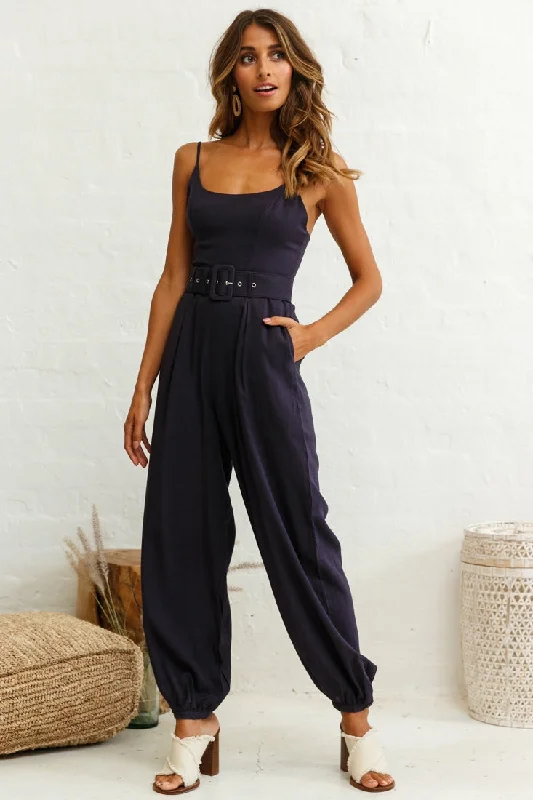 Women jumpsuits with wide - leg pants for a trendy and comfortable fitSanta Barbara Cuffed Hem Belted Jumpsuit Navy