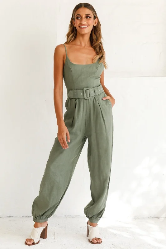 Denim women jumpsuits with ripped details for a casual - edgy lookSanta Barbara Cuffed Hem Belted Jumpsuit Olive