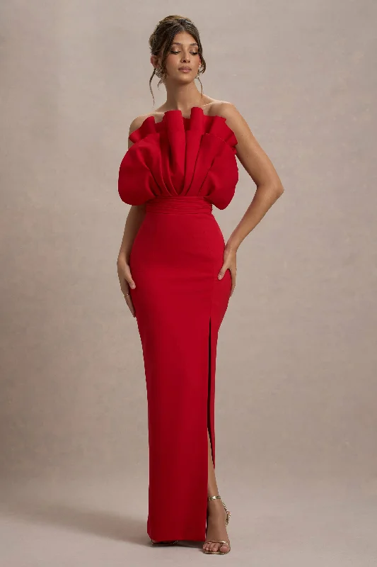 Long - Sleeve Women Dress in Velvet for a Luxurious Winter LookSet The Bar | Red Ruffled Strapless Split Maxi Dress