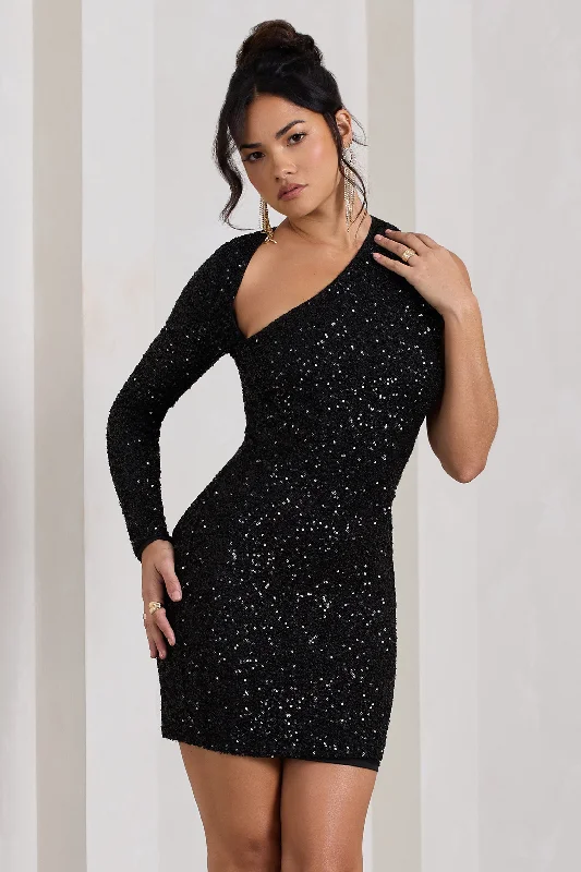 Off - the - Shoulder Women Dress for a Romantic and Feminine LookSiren | Black Sequin One Shoulder Bodycon Mini Dress