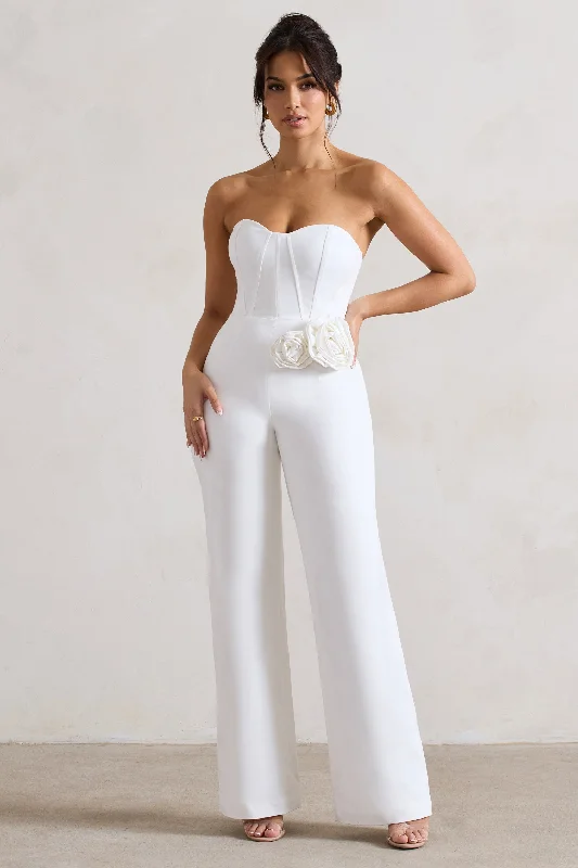 Women jumpsuits with a button - down front for a versatile and casual styleSonia | White Sweetheart Corset Straight-Leg Jumpsuit With Flowers